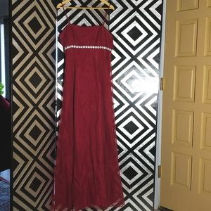 Maroon Burgundy Long Strappy Dress Gown Flower Trim